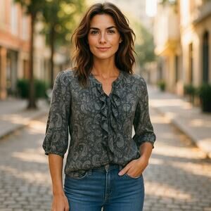 Denim & Supply Womens Blouse Size XS Ralph Lauren Lace Up Paisley Ruffle‎ Poet